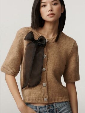 Maeve Camel Short Sleeve Cardigan sweater with Black Bow